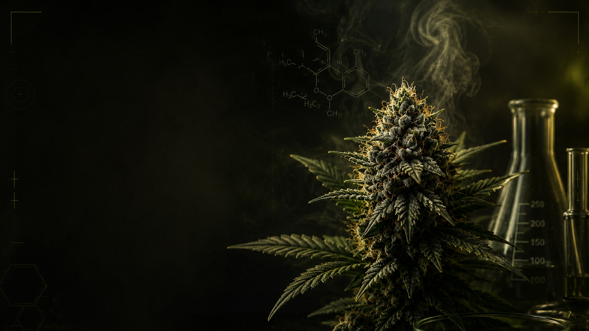 Flor de cannabis medicinal entre humo y cristalería de laboratorio
